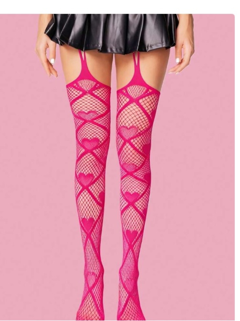 2/1! 🔥Hot Pink Heart Fishnet Thigh-High Stockings